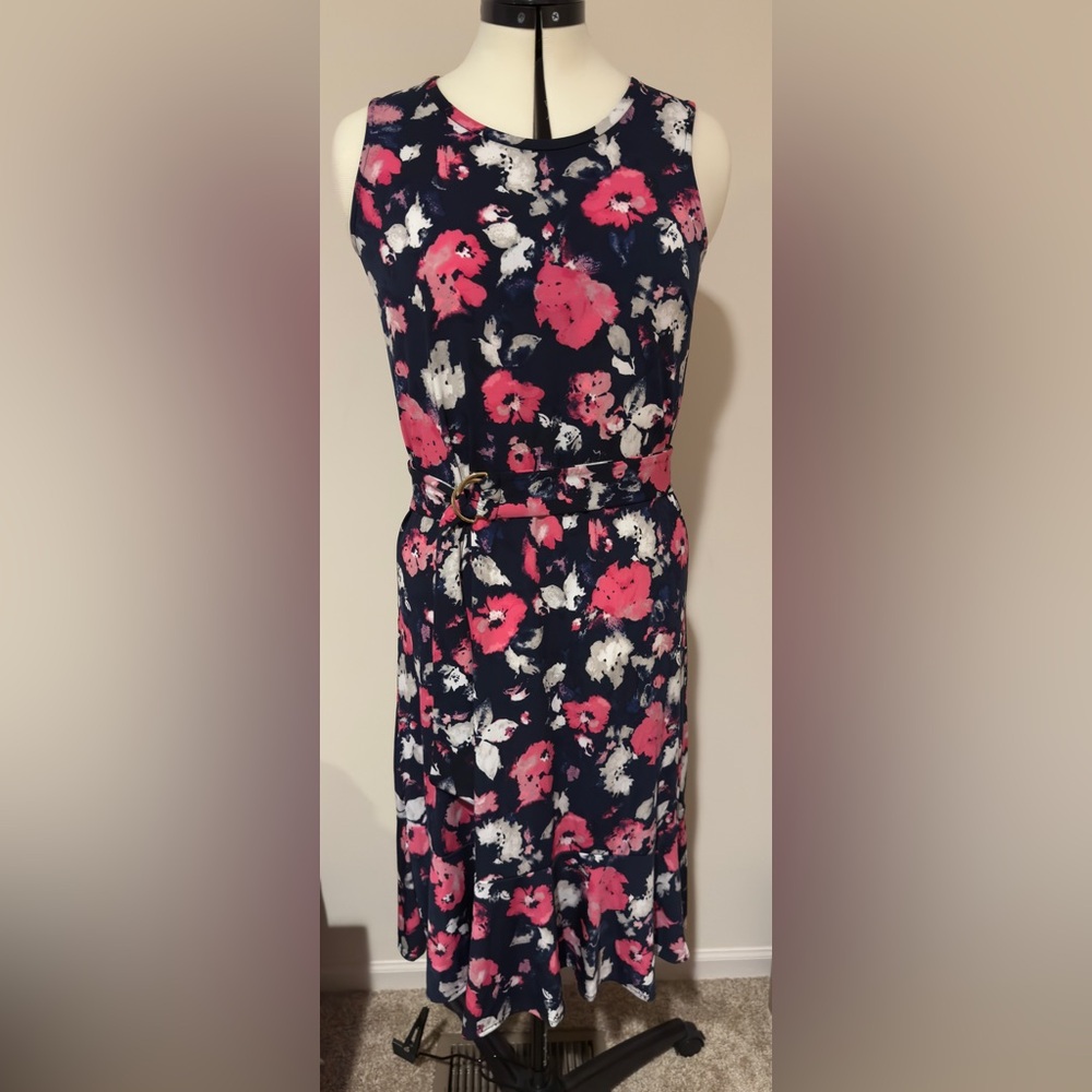 Ellen Tracy Floral Sleeveless Belted Dress Stretch Navy Pink Fit & Flare